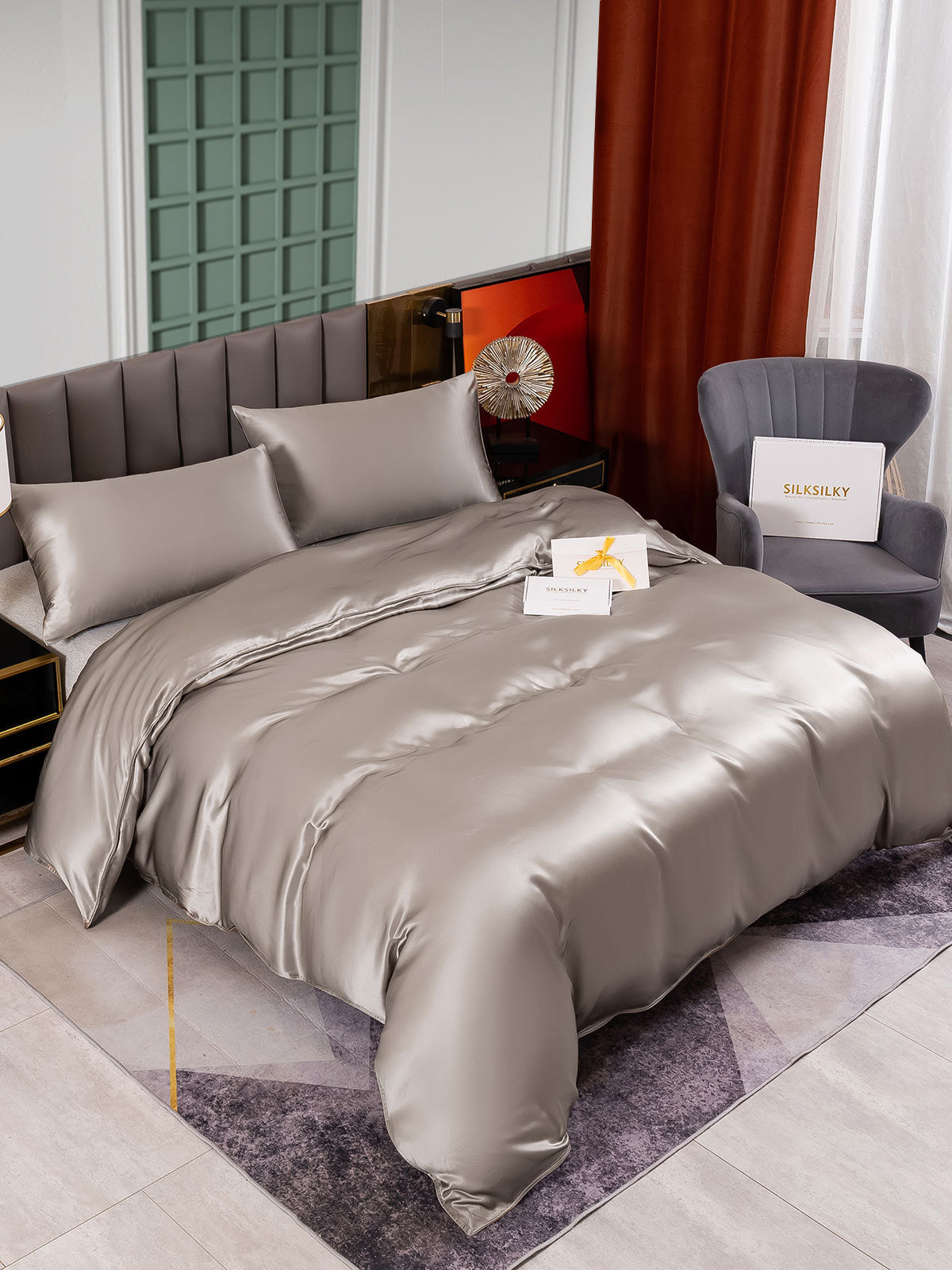 [Grå] SilkSilky-NO 25Momme Bedding Set 001