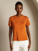 [Oransje] SilkSilky-NO 100% Silk Jersey Short Sleeve Falsk Krage T-skjorte for Kvinner 003