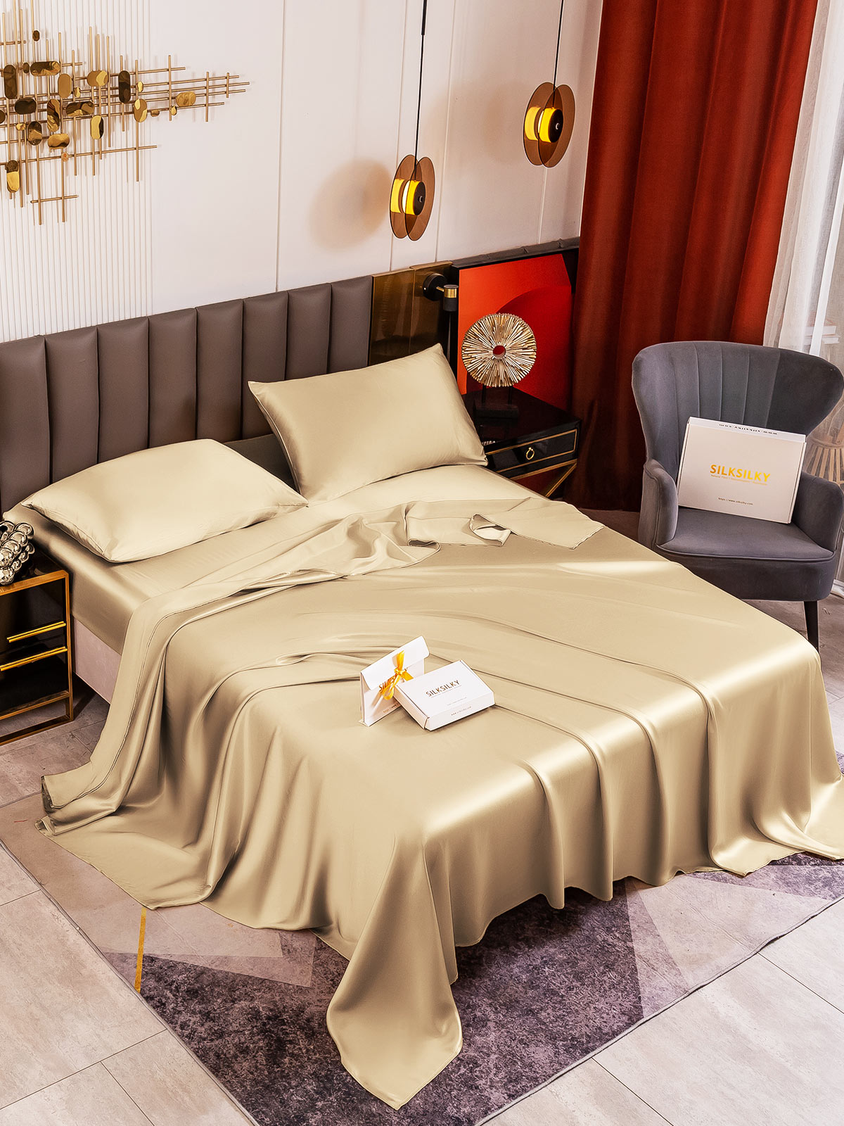 [Beige] SilkSilky-NO 19Momme Pure Silk Bedding Set 001