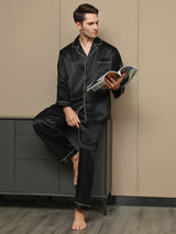 [Svart] SilkSilky-NO Long Sleeve Lapel Collar Pyjamas for menn 001