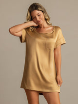 [Tan] SilkSilky-NO 19Momme Kort erm Rund Hals Nattkjole 006