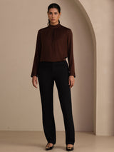 [Tan] SilkSilky-NO Long Sleeve Stand Collar Damebluser 007