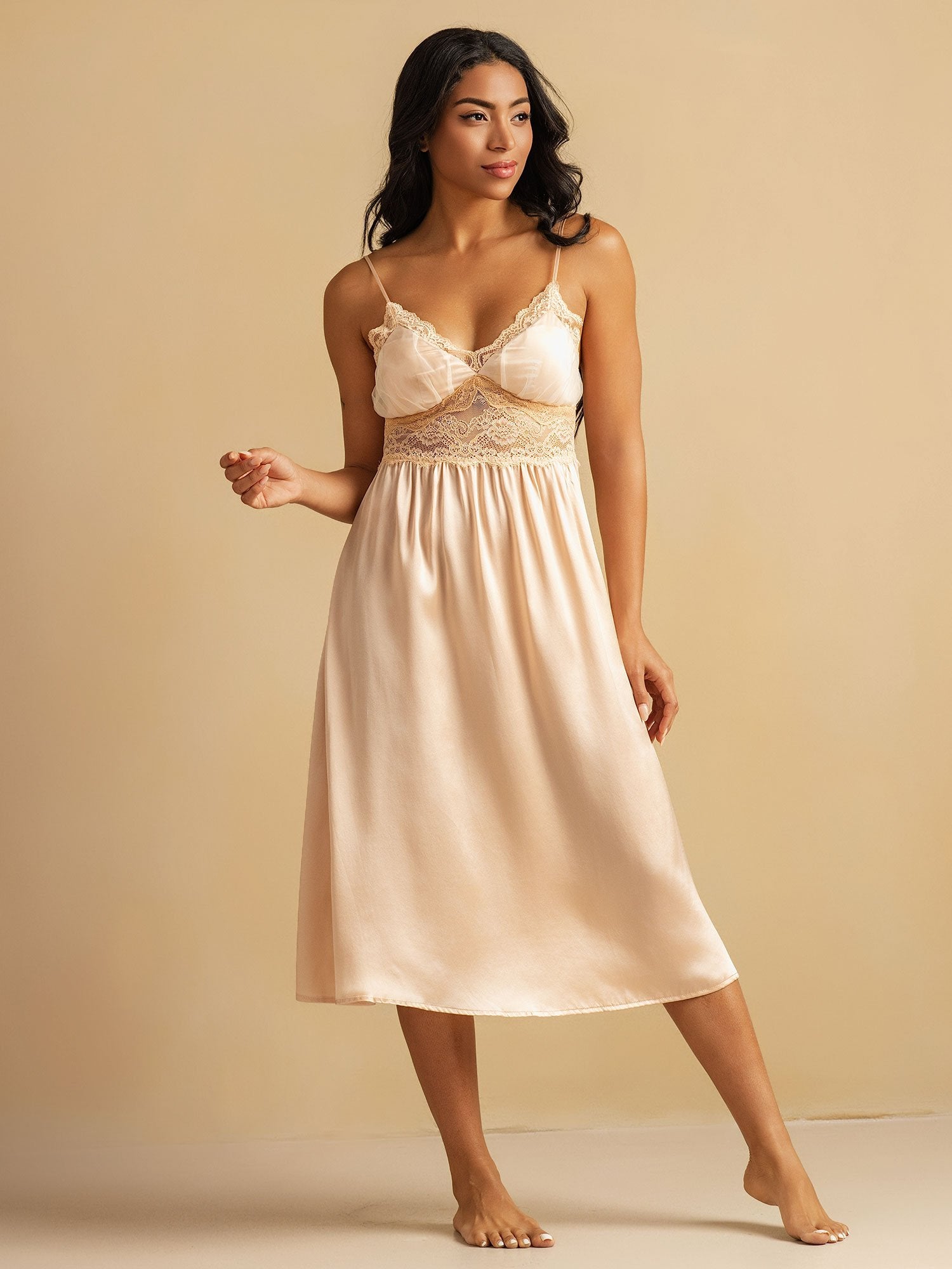 [Lyserosa] SilkSilky-NO Deep V Neck Nattkjole 001
