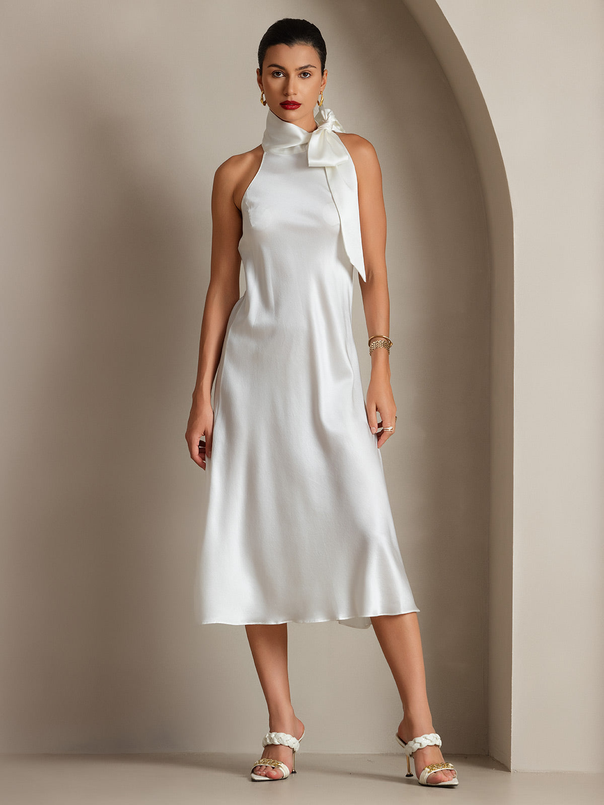 SilkSilky US 19Momme Silk Blend Sleeveless Tie Neck Dress White 008