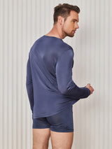 [Mørke blå] SilkSilky-NO Long Sleeve Round Neck T-skjorte for Menn 002