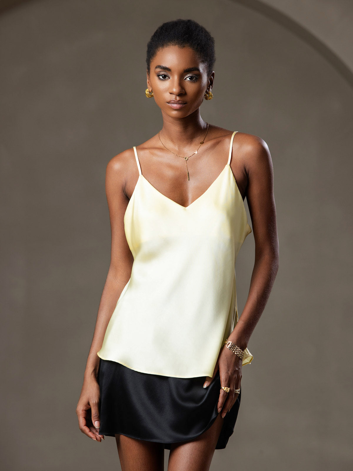 [Lys Gul] SilkSilky-NO V-Hals Camisole Topp 003