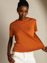 [Oransje] SilkSilky-NO 100% Silk Jersey Short Sleeve Falsk Krage T-skjorte for Kvinner 001