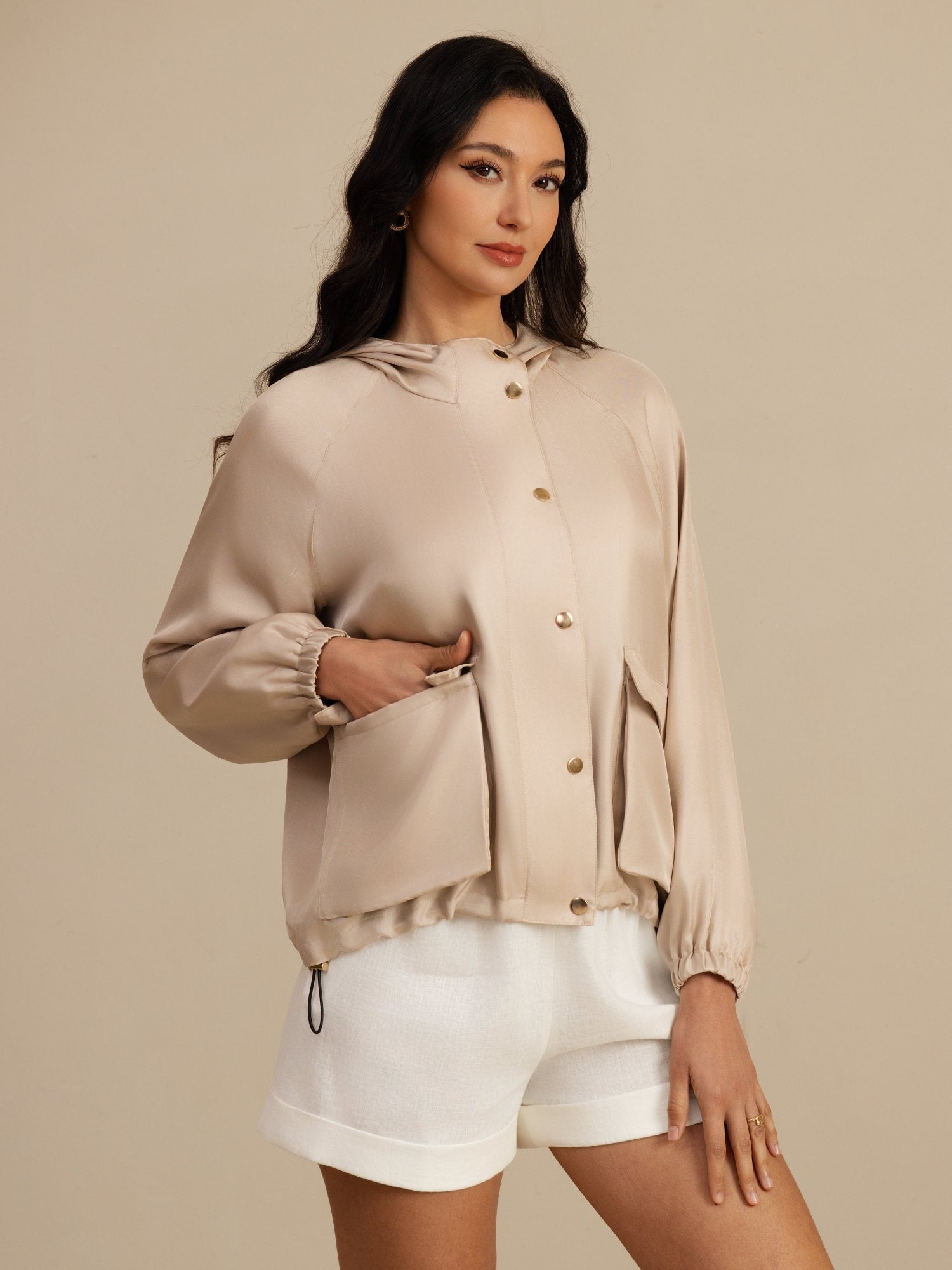 [Tan] SilkSilky-NO Langermet Høy Hals Yttertøy for Kvinner 005