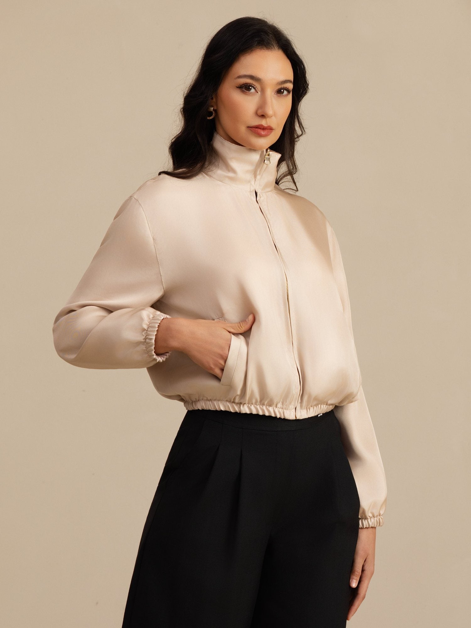 [Tan+Rosa] SilkSilky-NO 18Momme Langermet Ståkrave Yttertøy for Kvinner 004