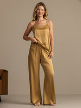 [Tan] SilkSilky-NO 19Momme Spaghetti Stropp Dyp Rund Halsutringning Camisole sett 006