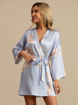 [Lyse Blå] SilkSilky-NO 19Momme 3/4 erme Morgenkåpe for Kvinner 003