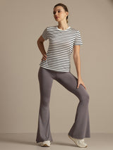 [Hvit Stripe] SilkSilky-NO Kort erm Tett Crew Neck T-skjorte for Kvinner 007
