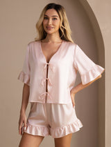 [Rosa] SilkSilky-NO Short Sleeve V Neck Pyjamas for Kvinner 003