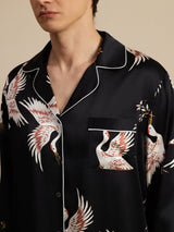 [Svart] SilkSilky-NO Long Sleeve Notch Collar Pyjamas for menn 005