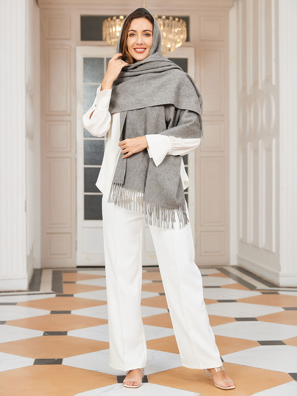 [Grå] SilkSilky-NO Ull Scarf 002