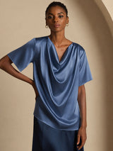 [Ekte Petrol] SilkSilky-NO Short Sleeve Cowl Neck Damebluser 005