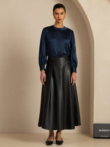 [Mørke blå] SilkSilky-NO 19Momme Long Sleeve Round Neck Bluse 007