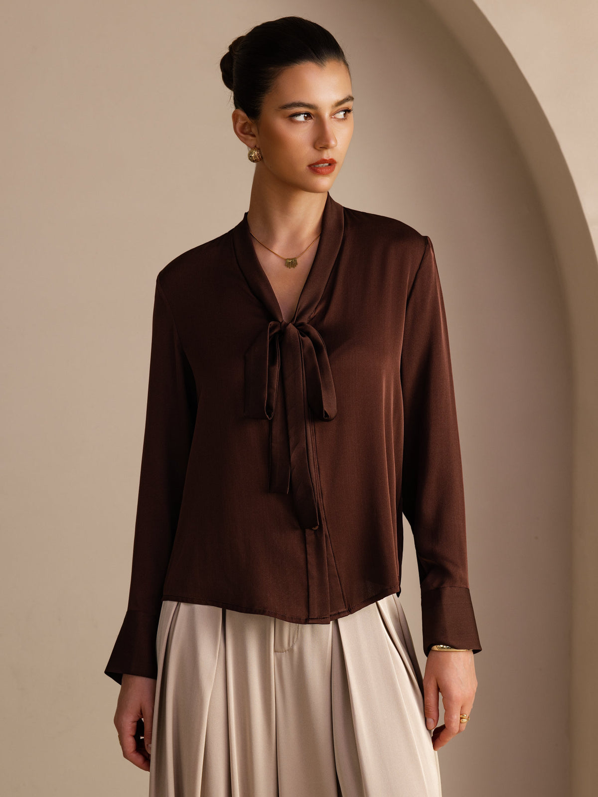 [Mørk Sjokolade] SilkSilky-NO Long Sleeve Tie Neck Damebluser 001