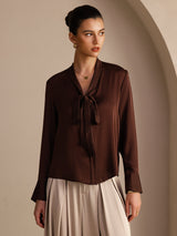 [Mørk Sjokolade] SilkSilky-NO Long Sleeve Tie Neck Damebluser 001