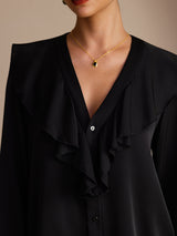[Svart] SilkSilky-NO Long Sleeve Deep V Neck Damebluser 005