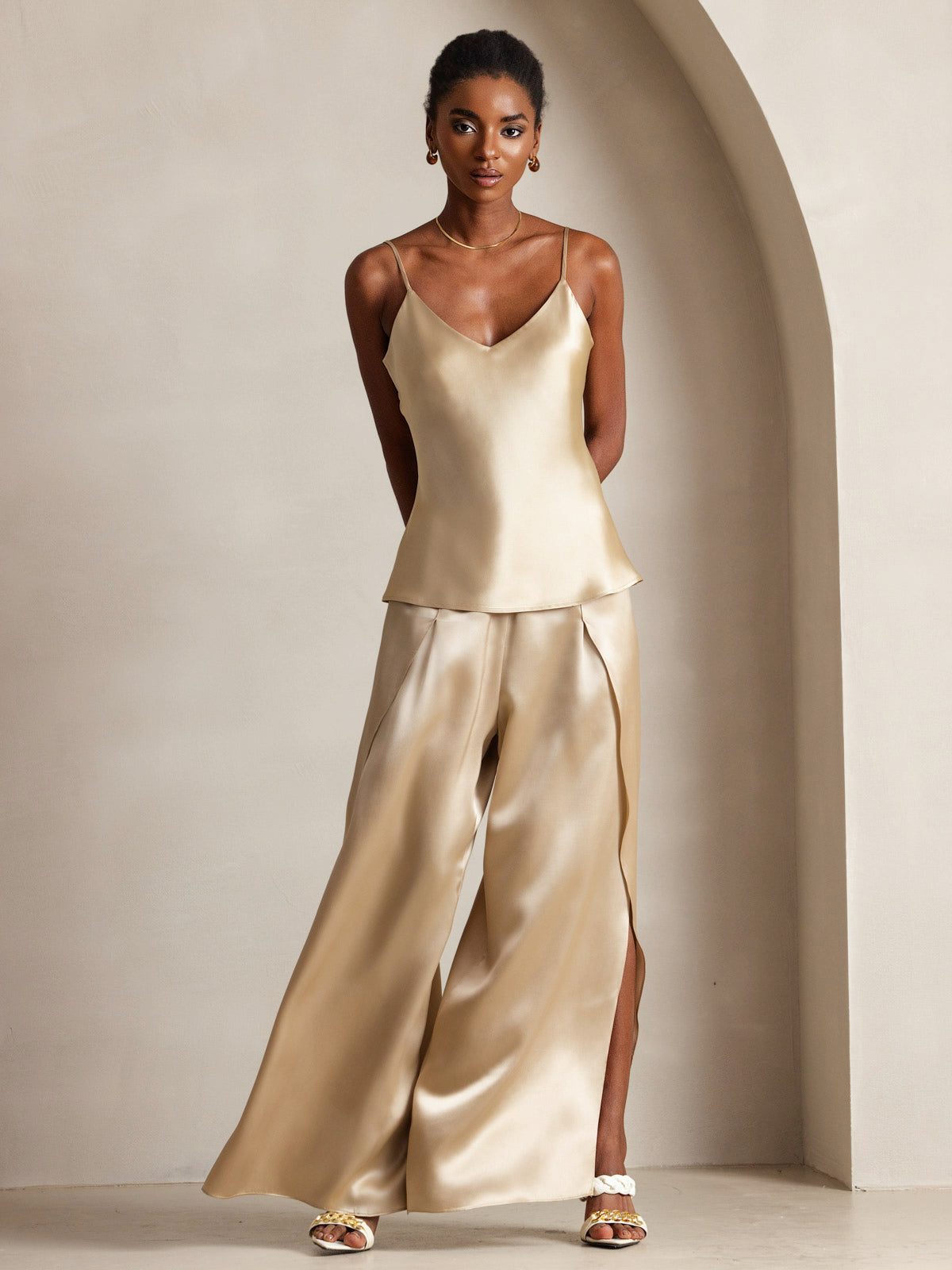 [Champagne] SilkSilky-NO V-Hals Camisole Topp 001