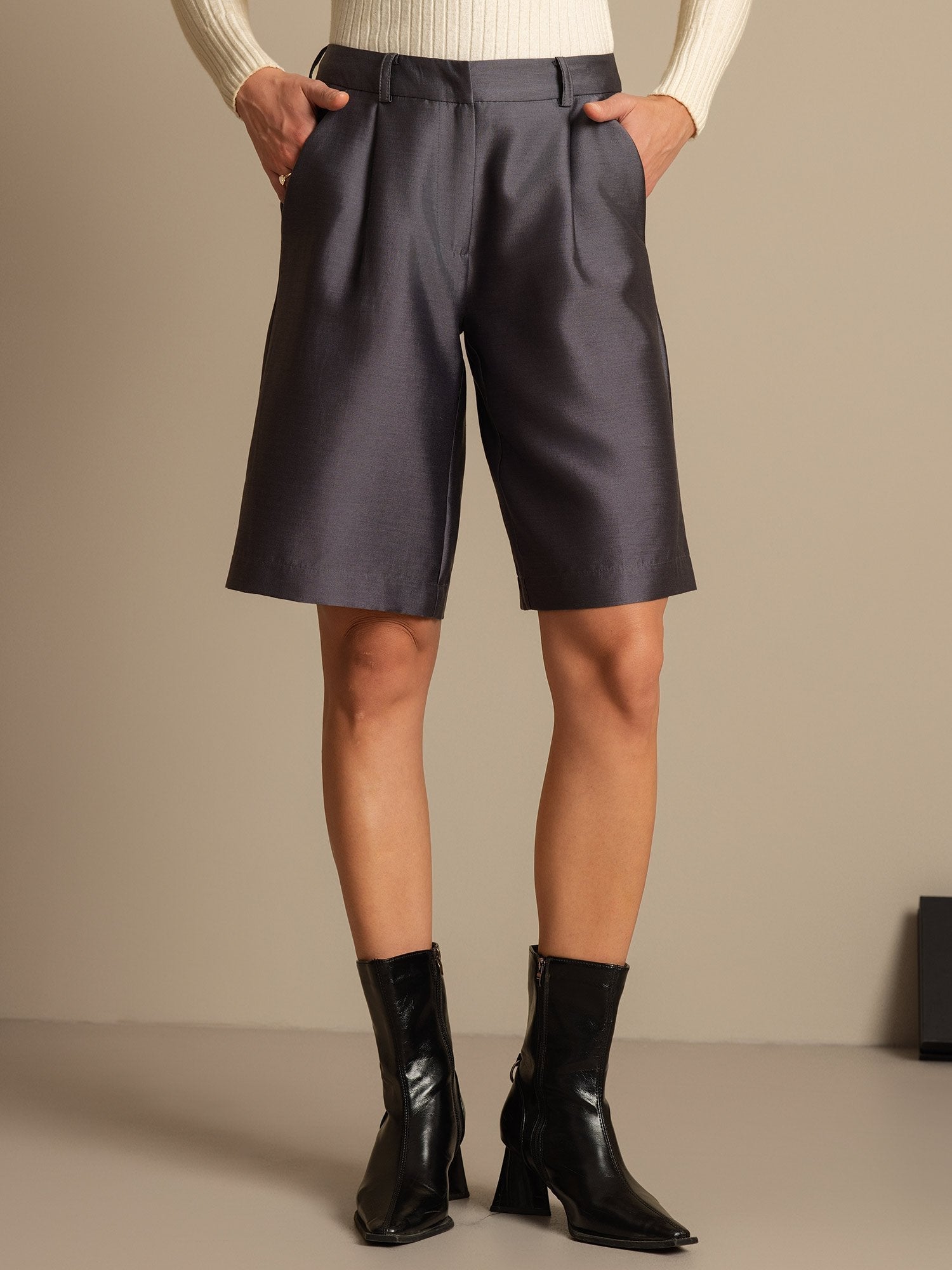 [Grå] SilkSilky-NO 32Momme Silk-Wool Blend Womens Shorts 001,