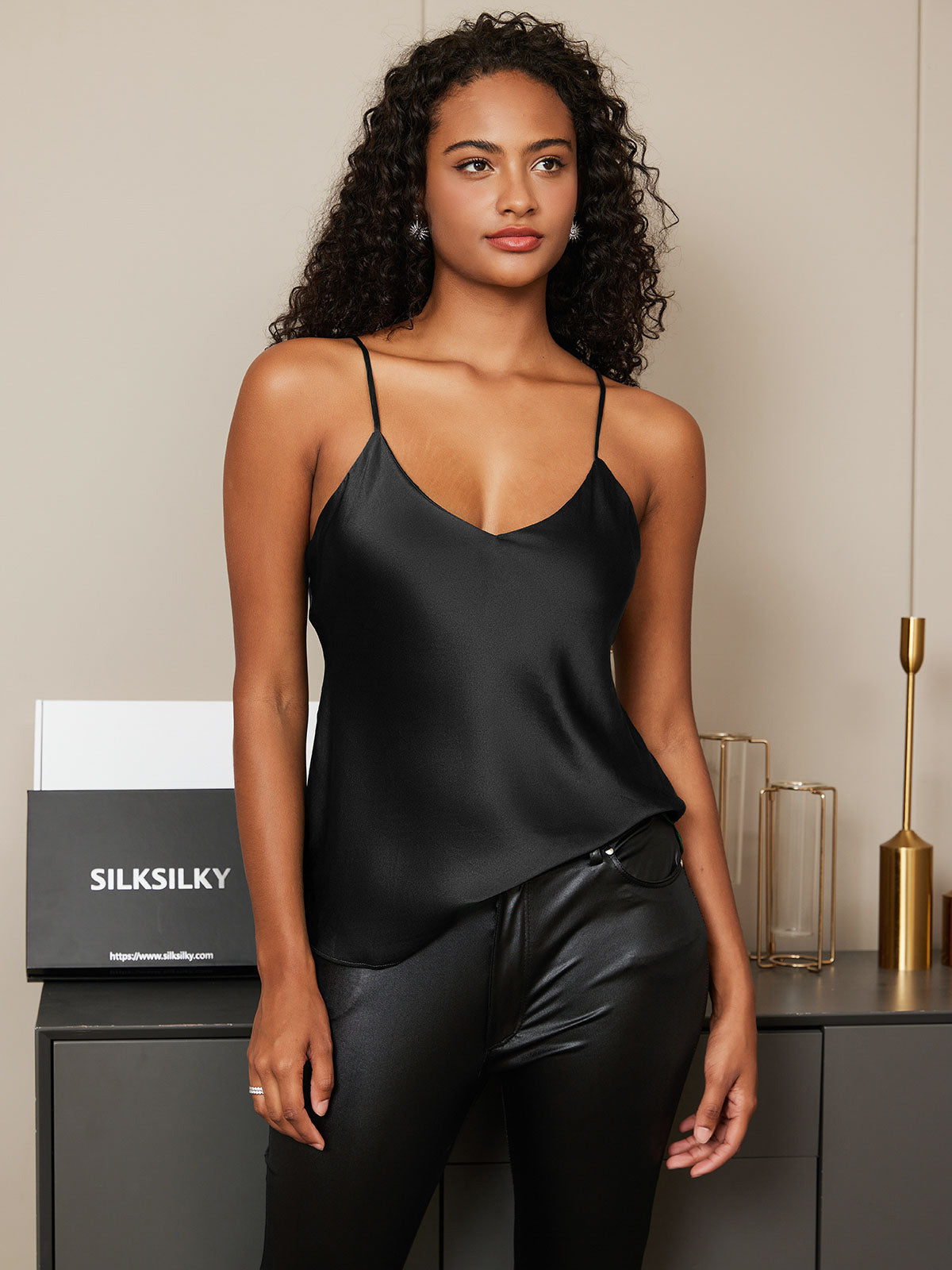 [Svart] SilkSilky-NO V-Hals Camisole Topp 005