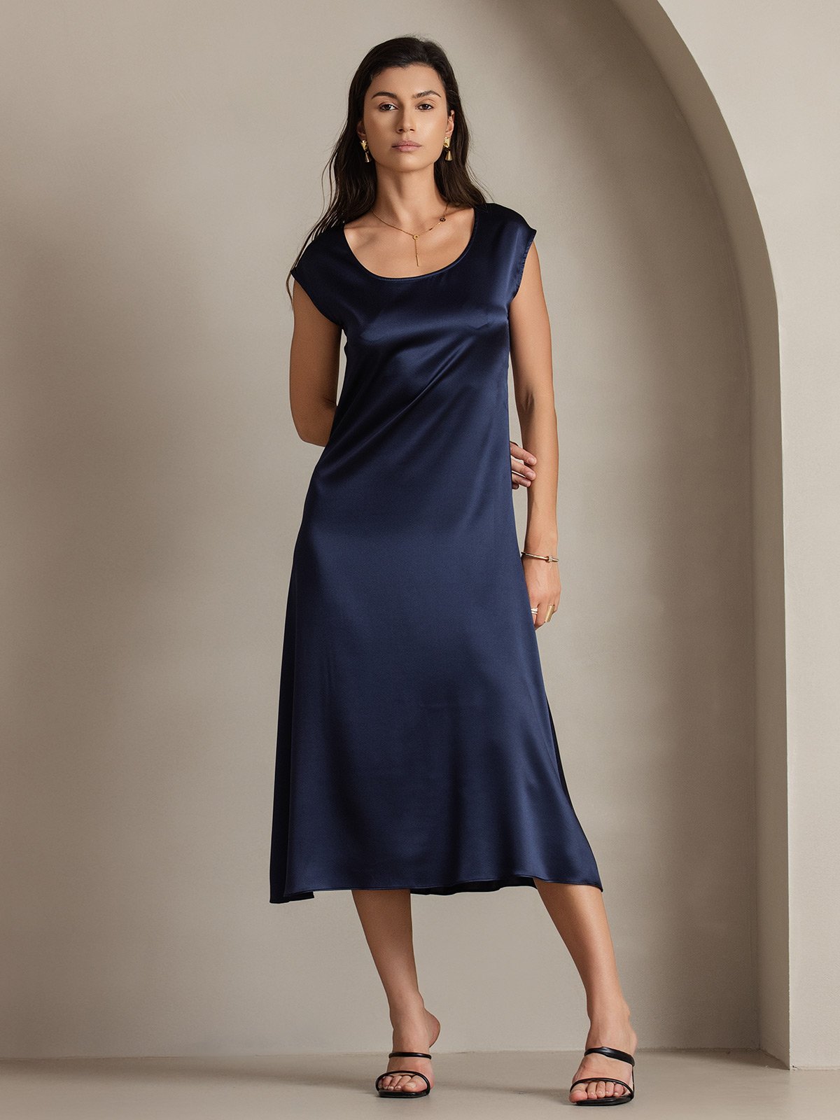 [Mørke blå] SilkSilky-NO 19Momme Silke Dress 001
