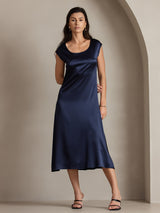 [Mørke blå] SilkSilky-NO Cap Sleeve Scoop Neck Kjole 001