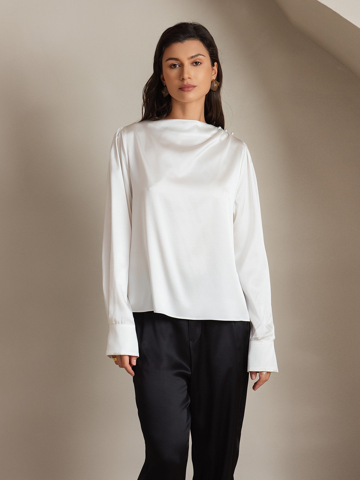 [Hvit] SilkSilky-NO 19Momme Silke Womens Shirt 006