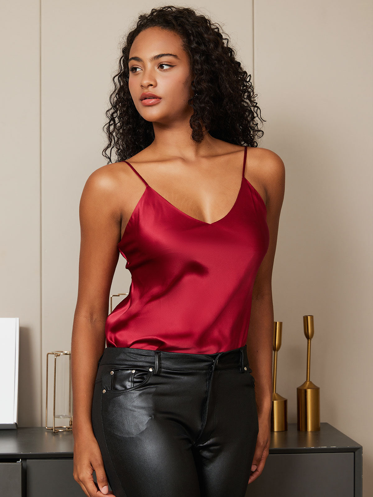 [Mørkerød] SilkSilky-NO V-Hals Camisole Topp 002