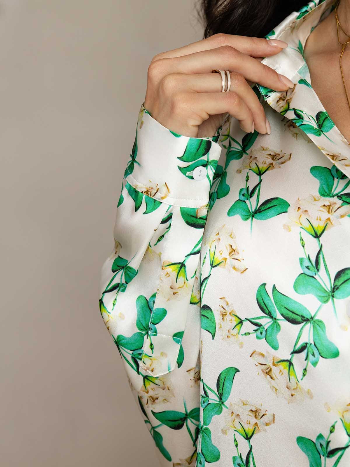 [Grønn Blomster] SilkSilky-NO 19Momme Silke Womens Outfit Sets 005