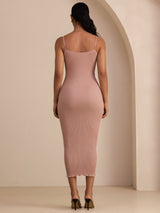 [Rosa] SilkSilky-NO Spaghetti Strap Boat Neck Kjole 002