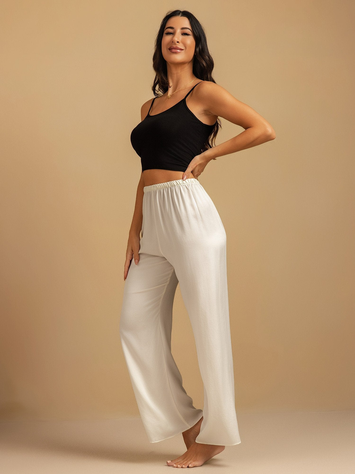 [Hvit] SilkSilky-NO 19Momme Silke Womens Sleep Bottoms 007,