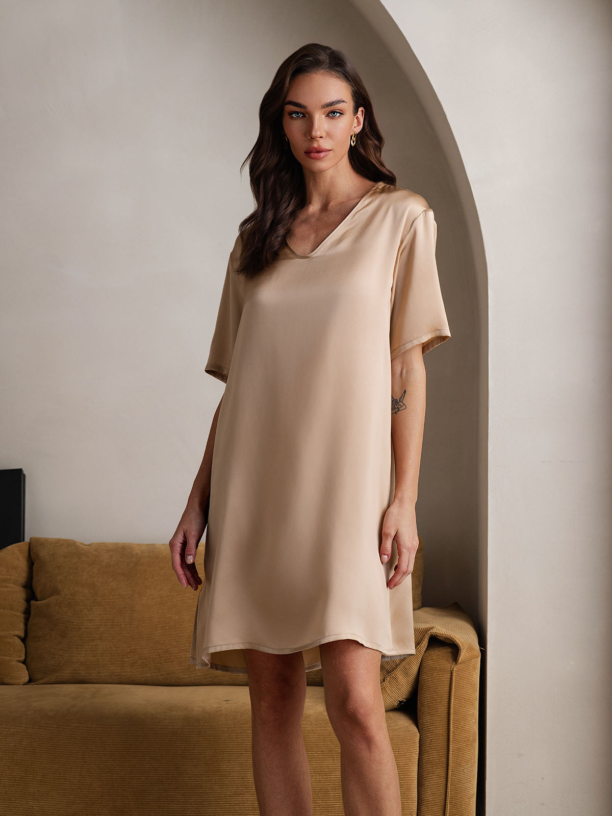[Champagne] SilkSilky-NO V-Hals Nattkjole 006