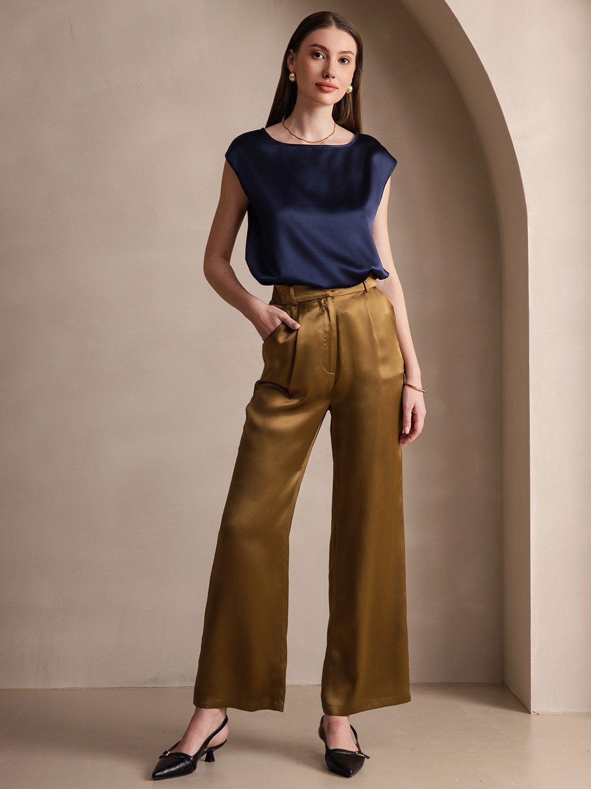 [Mørke blå] SilkSilky-NO 19Momme Silke Womens T-Shirt 006