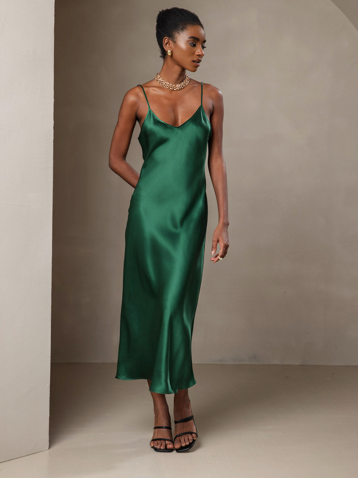 [Grønn] SilkSilky-NO Pure Silk Sleeveless Round Neck Kjole 005