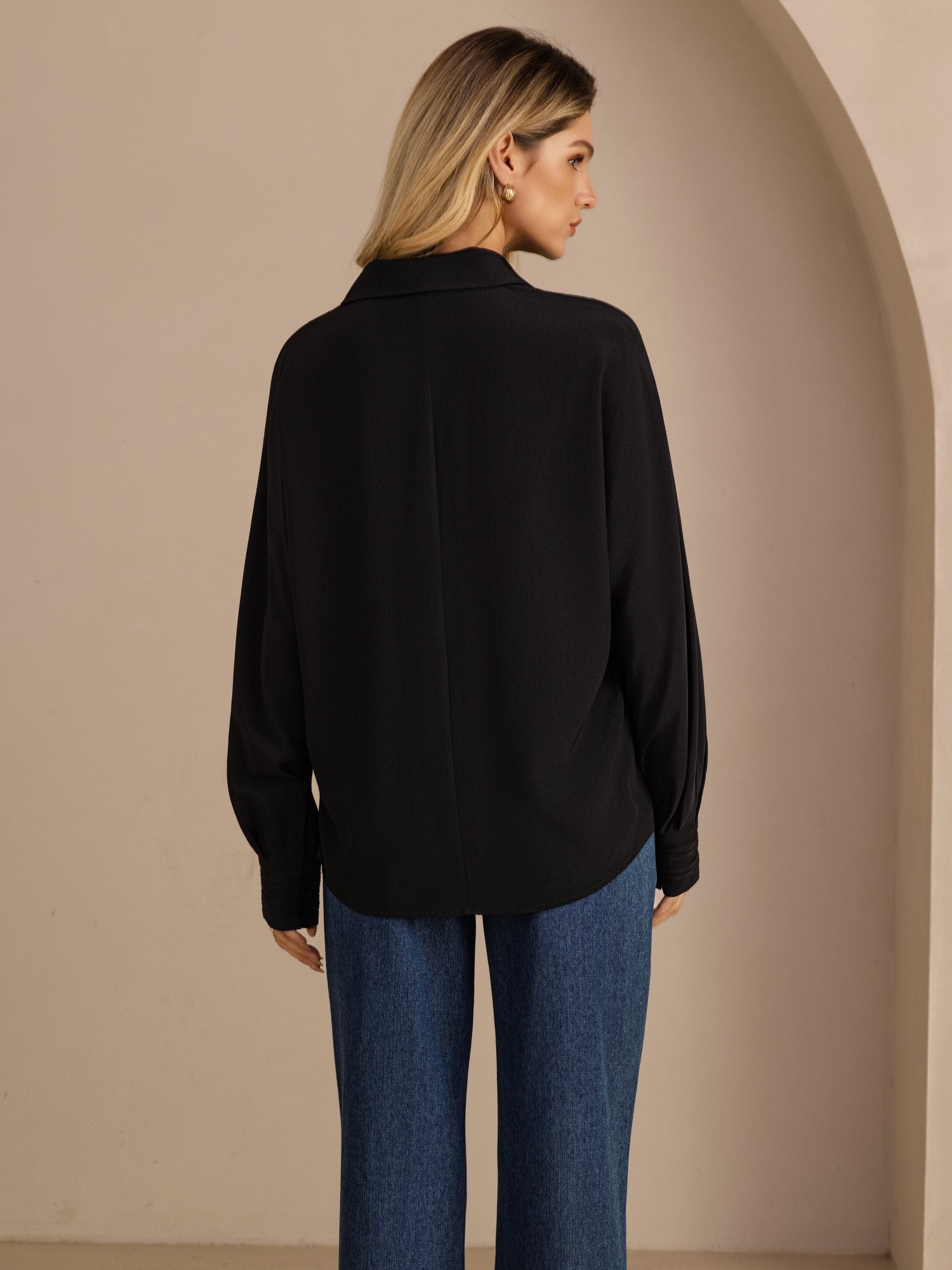 [Svart] SilkSilky-NO Long Sleeve Lapel Collar Skjorte for Kvinner 002