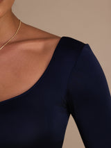 [Mørke blå] SilkSilky-NO Long Sleeve U-hals T-skjorte for Kvinner 006
