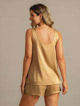 [Tan] SilkSilky-NO 19Momme Ermeløs Dyp Rund Halsutringning Pyjamas for Kvinner 002