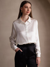 [Hvit] SilkSilky-NO Long Sleeve Lapel Collar Skjorte for Kvinner 001