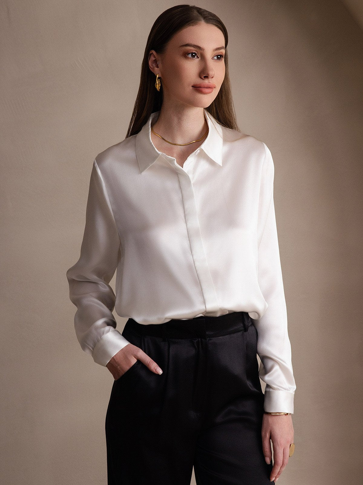 [Hvit] SilkSilky-NO Long Sleeve Lapel Collar Skjorte for Kvinner 001