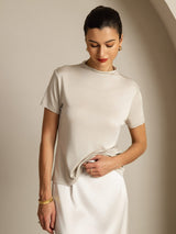 [Grå] SilkSilky-NO 100% Silk Jersey Short Sleeve Falsk Krage T-skjorte for Kvinner 005