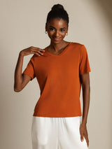 [Oransje] SilkSilky-NO Short Sleeve V Neck T-skjorte for Kvinner 008