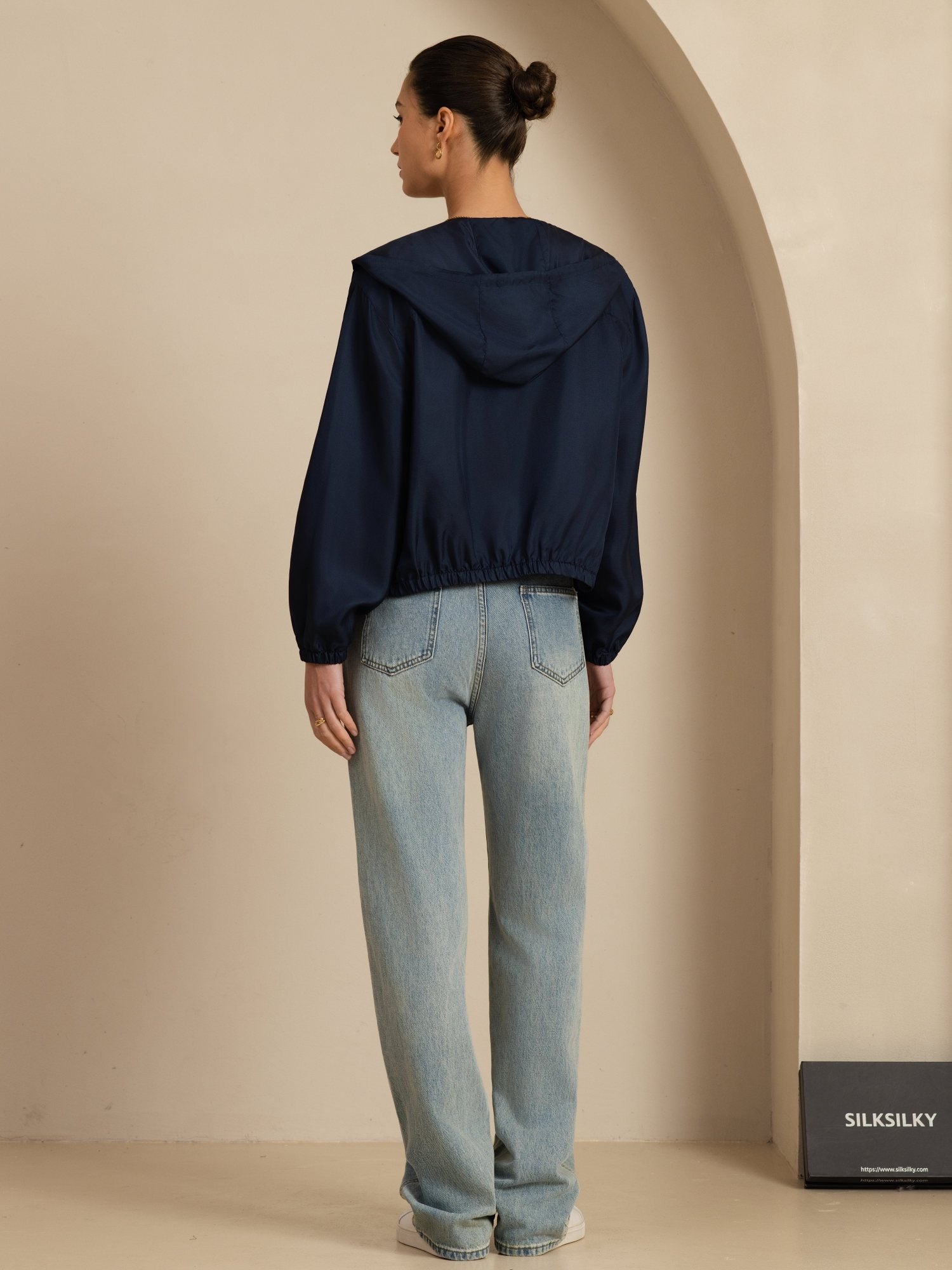 [Mørkeblå] SilkSilky-NO 18Momme Langermet Ståkrave Yttertøy for Kvinner 002