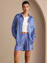 [Blå Nålestripete] SilkSilky-NO Long Sleeve Lapel Collar Women's Outfit Sets 001