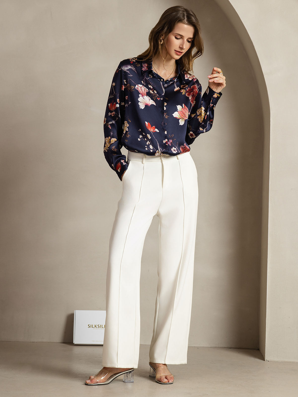 [Marine Blomster] SilkSilky-NO Silke Lapel Collar Skjorte for Kvinner 006
