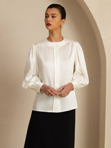 [Hvit] SilkSilky-NO 19Momme Long Sleeve Round Neck Bluse 001