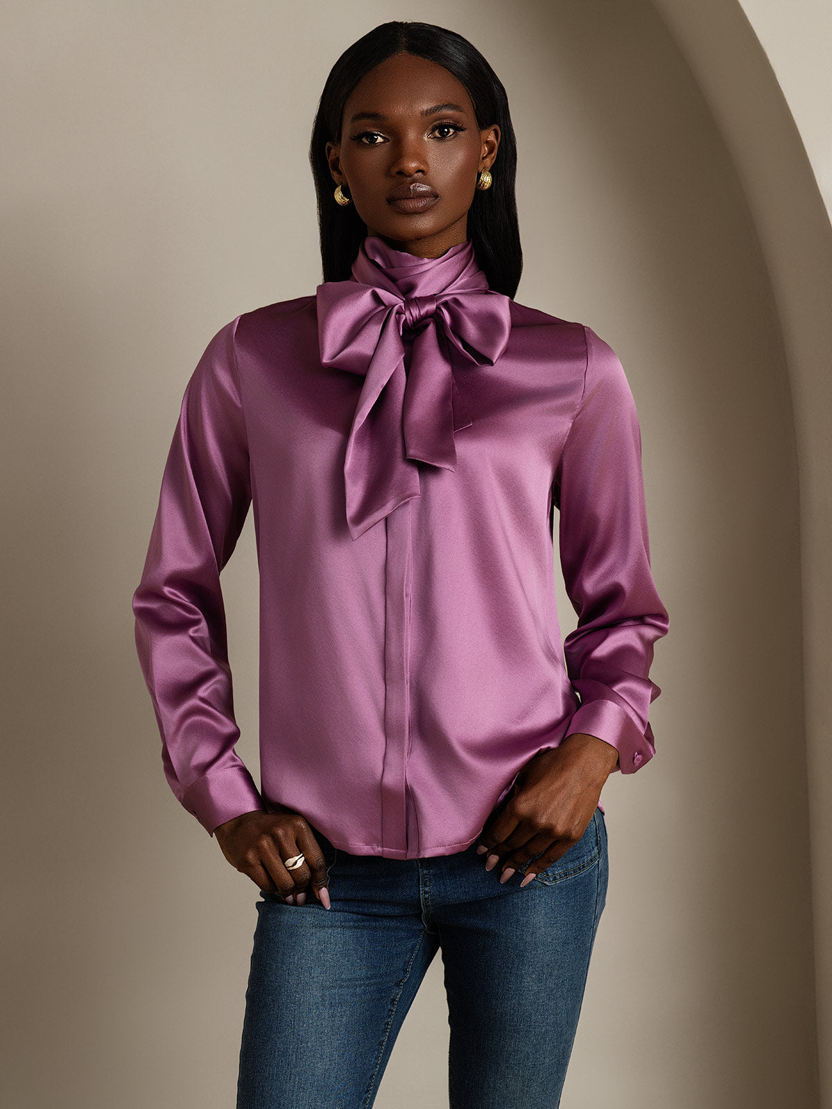 [Mørklilla] SilkSilky-NO 19Momme Silke Long Sleeve Tie Neck Skjorte for Kvinner 001