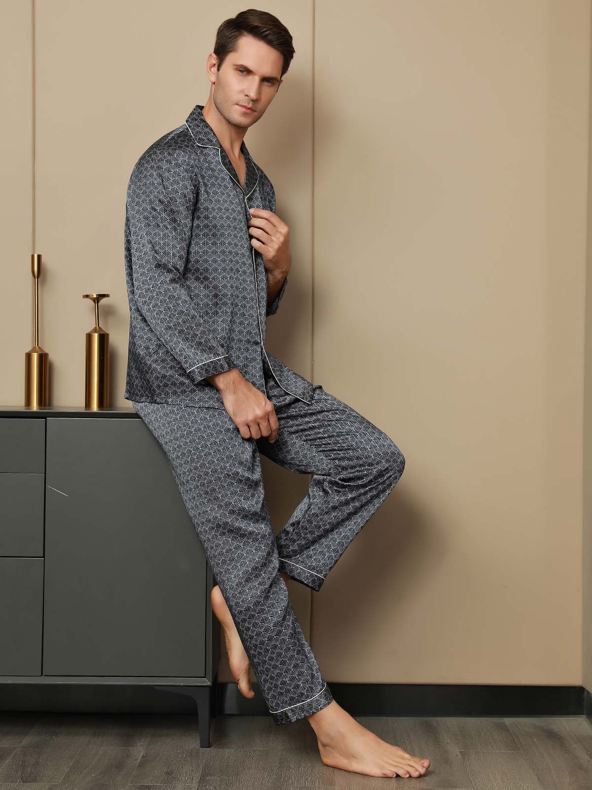 [Marine Ginkgo] SilkSilky-NO 19Momme Mens Pajamas 005